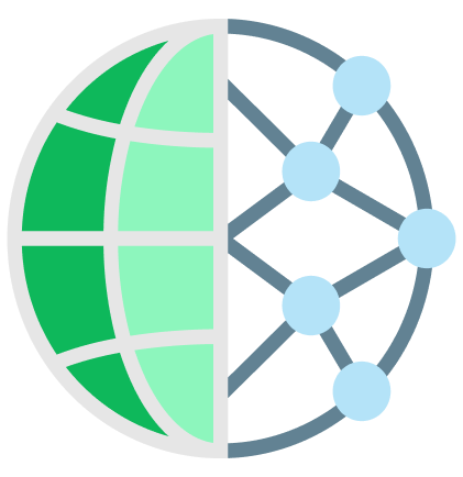 An icon of the world with data points connecting in half of it